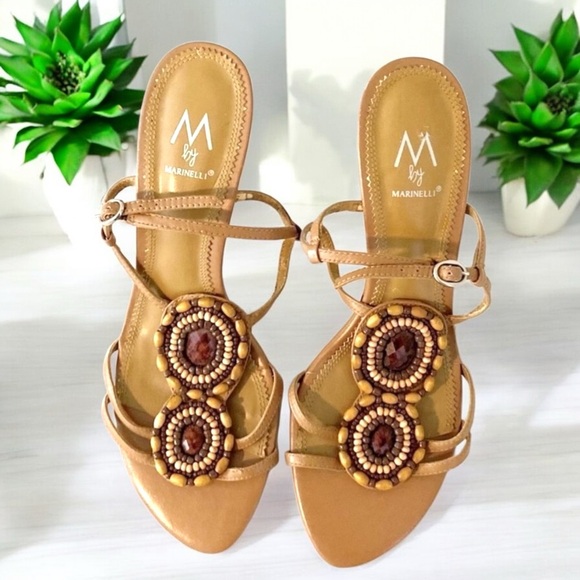 Marinelli “Riona” Beaded Wooden Bezel Stone T-Strap Heels Sandals - Picture 10 of 16